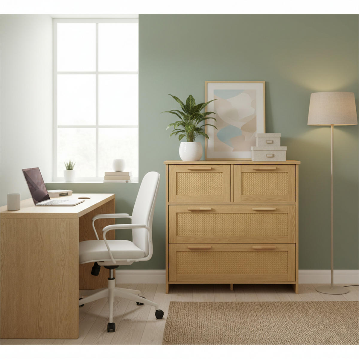 SIDEBOARD Rattan kommode mit 4 Schubladen & Massivholz Griffen - Eichefarben, Naturmaterialien/Holzwerkstoff (80/80/38cm) - Urban Meuble