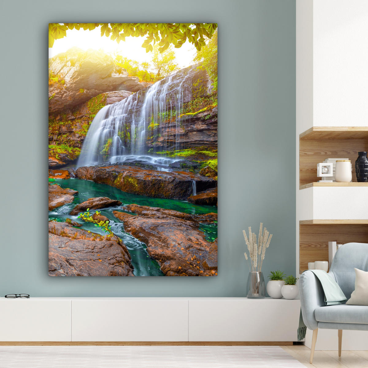 SLIKA NA PLATNU Slap 90x140 cm - olivno zelena, tekstil (90/140cm) - MuchoWow