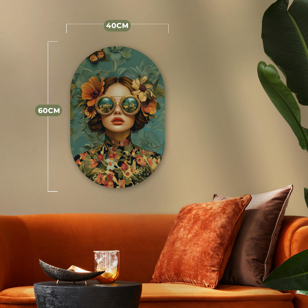 WANDBILD Frau - Blumen - Schmetterlinge - Natur - Vintage 40x60 cm - Petrol, Kunststoff (40/60cm) - MuchoWow