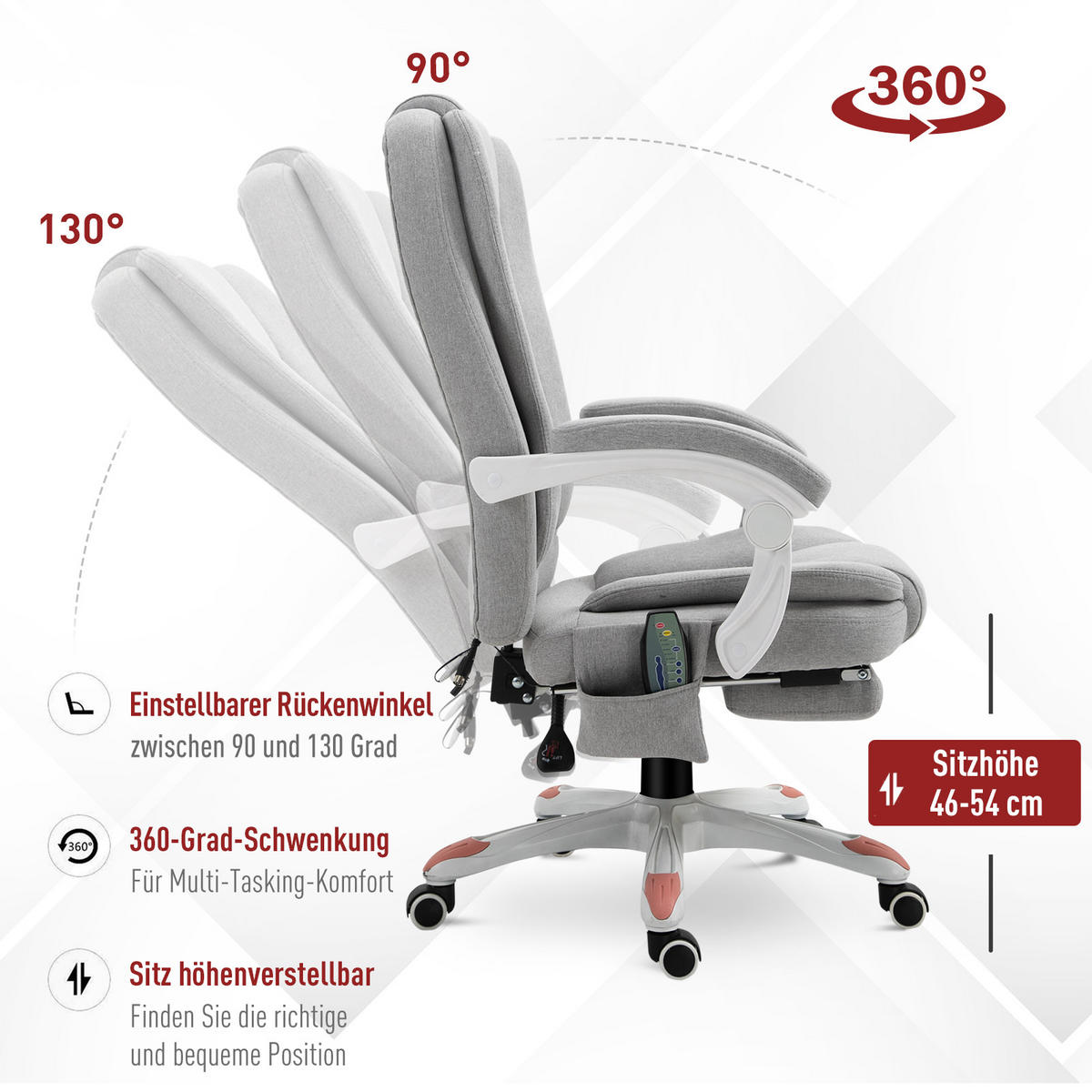 MASSAGE Bürostuhl, Schaumstoff, Grau - Grau, Kunststoff (63/107/66cm) - Vinsetto