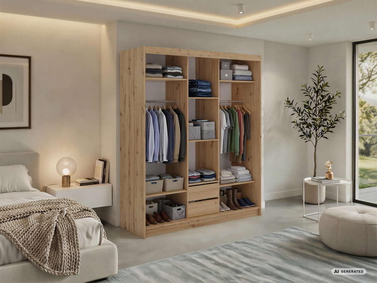 SCHWEBETÜRENSCHRANK mit Schubladen 180 - VERONA - Eiche Artisan mit Spiegel - Alufarben/Eiche Artisan, Holzwerkstoff/Metall (180/216/61cm) - MKS