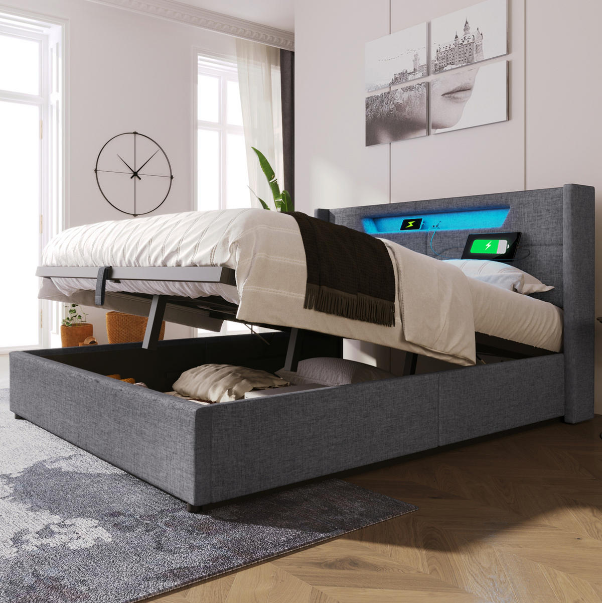 POLSTERBETT 140/200 cm mit LED, Bettkasten, USB-C und gepolstertem Kopfteil - Grau, Textil (140/200cm) - BEAOK