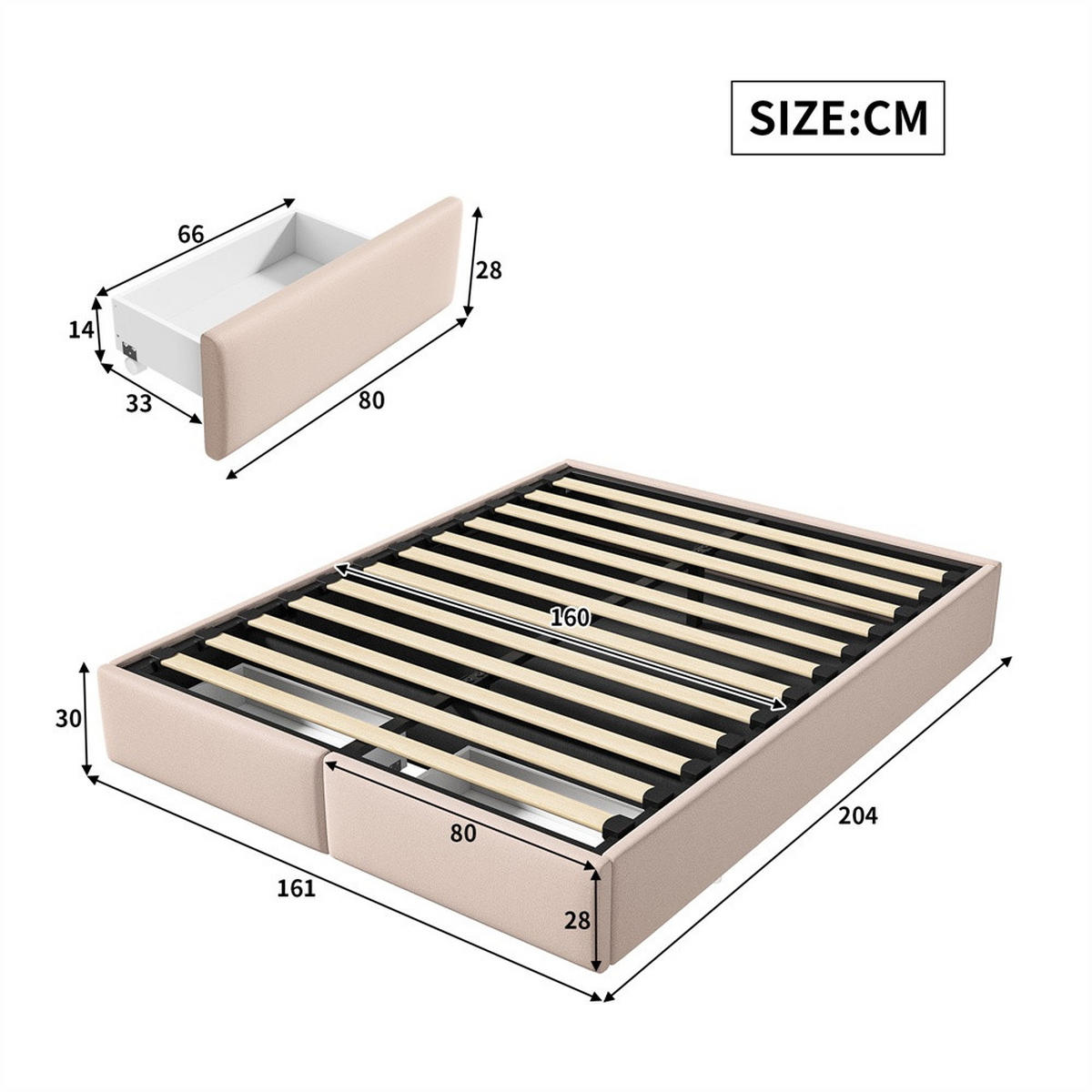 POLSTERBETT 160 x 200 cm ohne Kopfteil mit hydraulischem Stauraum & 2 Schubladen - ohne Matratze - Beige - Beige, Textil (160/200cm) - DELFA