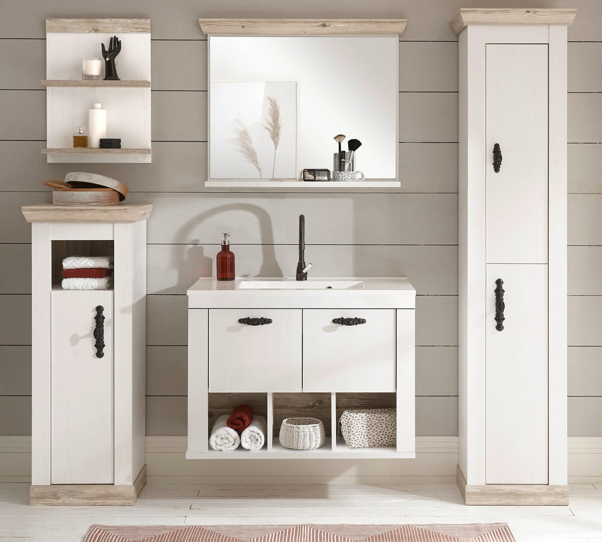 BADKOMBINATION Pinie weiß, Oslo Pinie, Landhaus Badmöbel Set 6-tlg. hängend MIT Waschbecken 205 x 200 cm - Anthrazit/Weiß, Holzwerkstoff/Metall (205/200/46cm) - Furn.Design