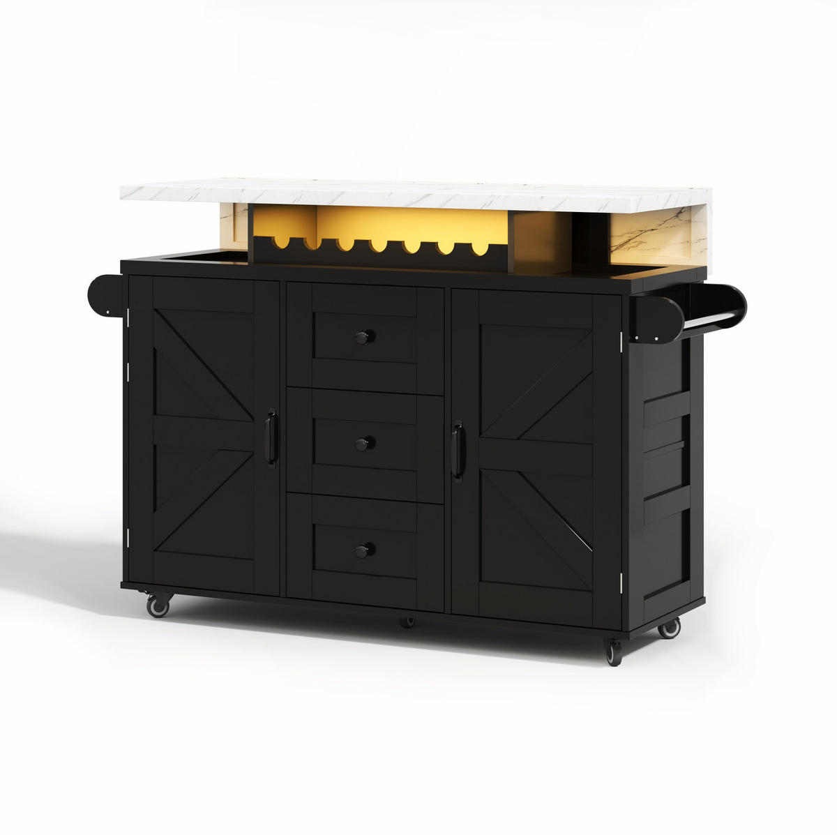 KÜCHENINSEL 138/60/93 cm mit klappbarer Arbeitsplatte, LED-Beleuchtung und Rollen, MDF, Schwarz - Schwarz, Holzwerkstoff (138/93/60cm) - Redom