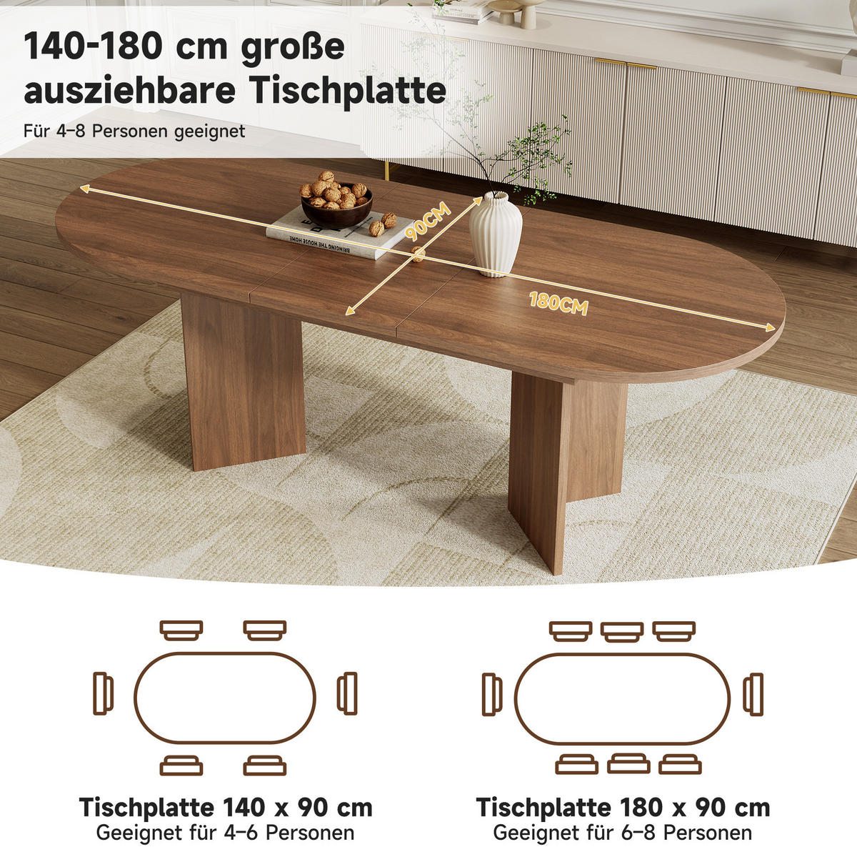ESSTISCH aus MDF 140/180x90 cm Walnussfarben ausziehbar mit abgerundeten Ecken - Walnussfarben, Holzwerkstoff (180/90/75cm) - Modfu