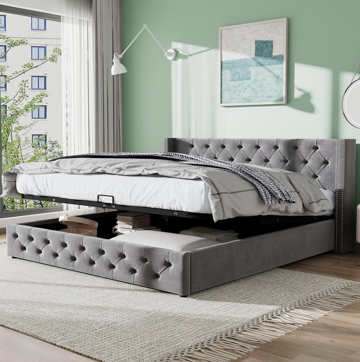 SAMT-POLSTERBETT 140/190 cm mit Bettkasten und gepolstertem Kopfteil - Grau, Textil (140/200cm) - BEAOK
