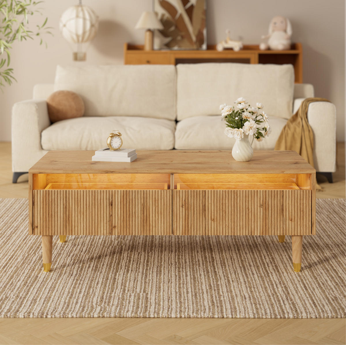 COUCHTISCH 110/50/40 cm mit 2 Schubladen und LED-Beleuchtung, Wellenfront und Acryl-Details, Holzfarben - Naturfarben, Holzwerkstoff (110/50/40cm) - Redom