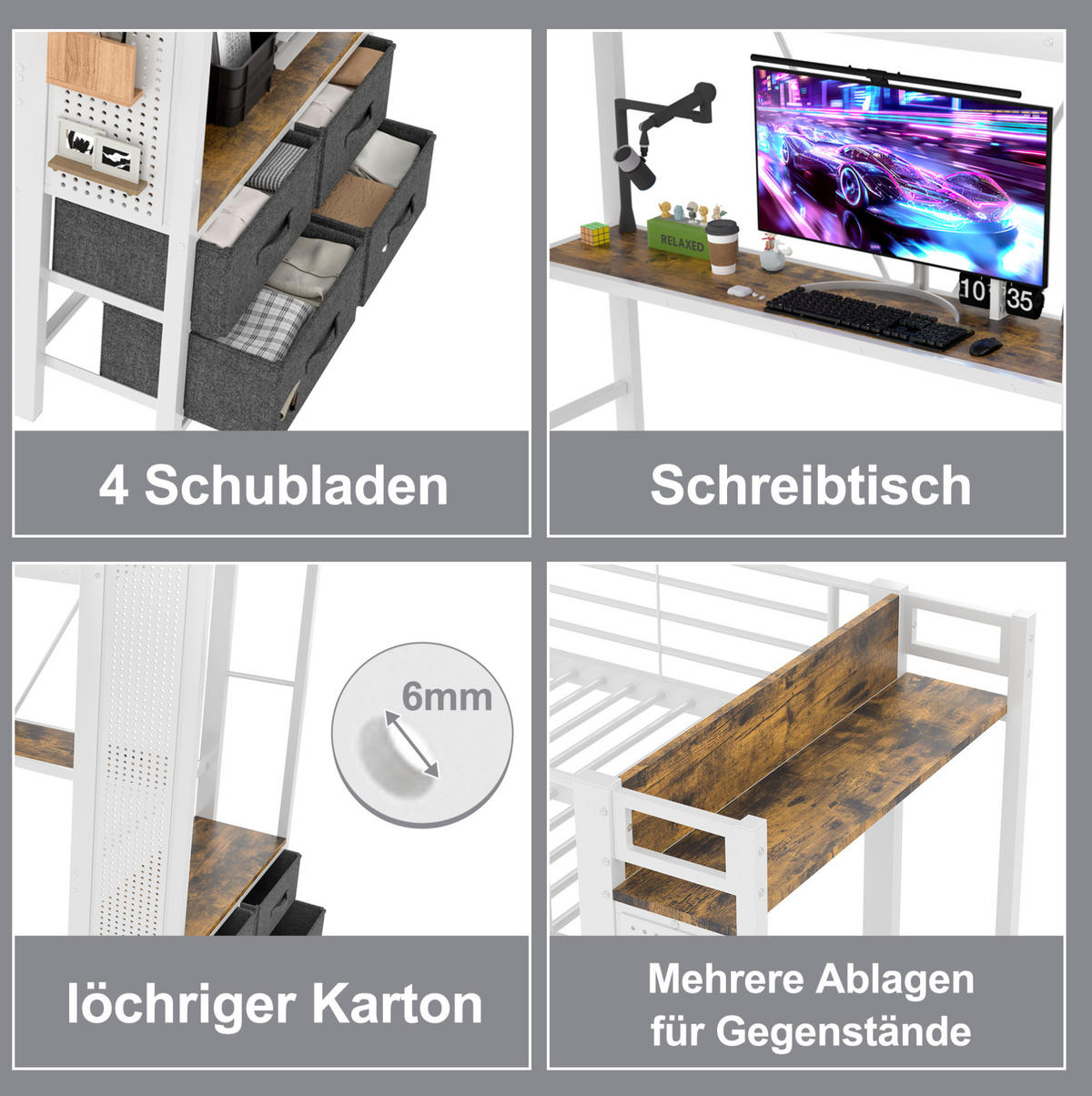 HOCHBETT 90/200 cm in Weiß mit Schreibtisch und LED-Beleuchtung - Weiß, Metall (90/200cm) - Flora Grace