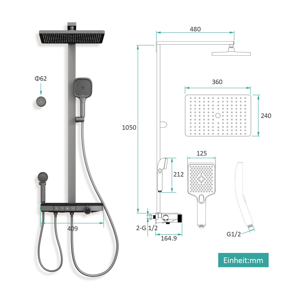 ÜBERKOPFBRAUSESET mit Handbrause Thermostat Vielseitig Anthrazit - Anthrazit, Metall (40/113/58cm) - EMKE