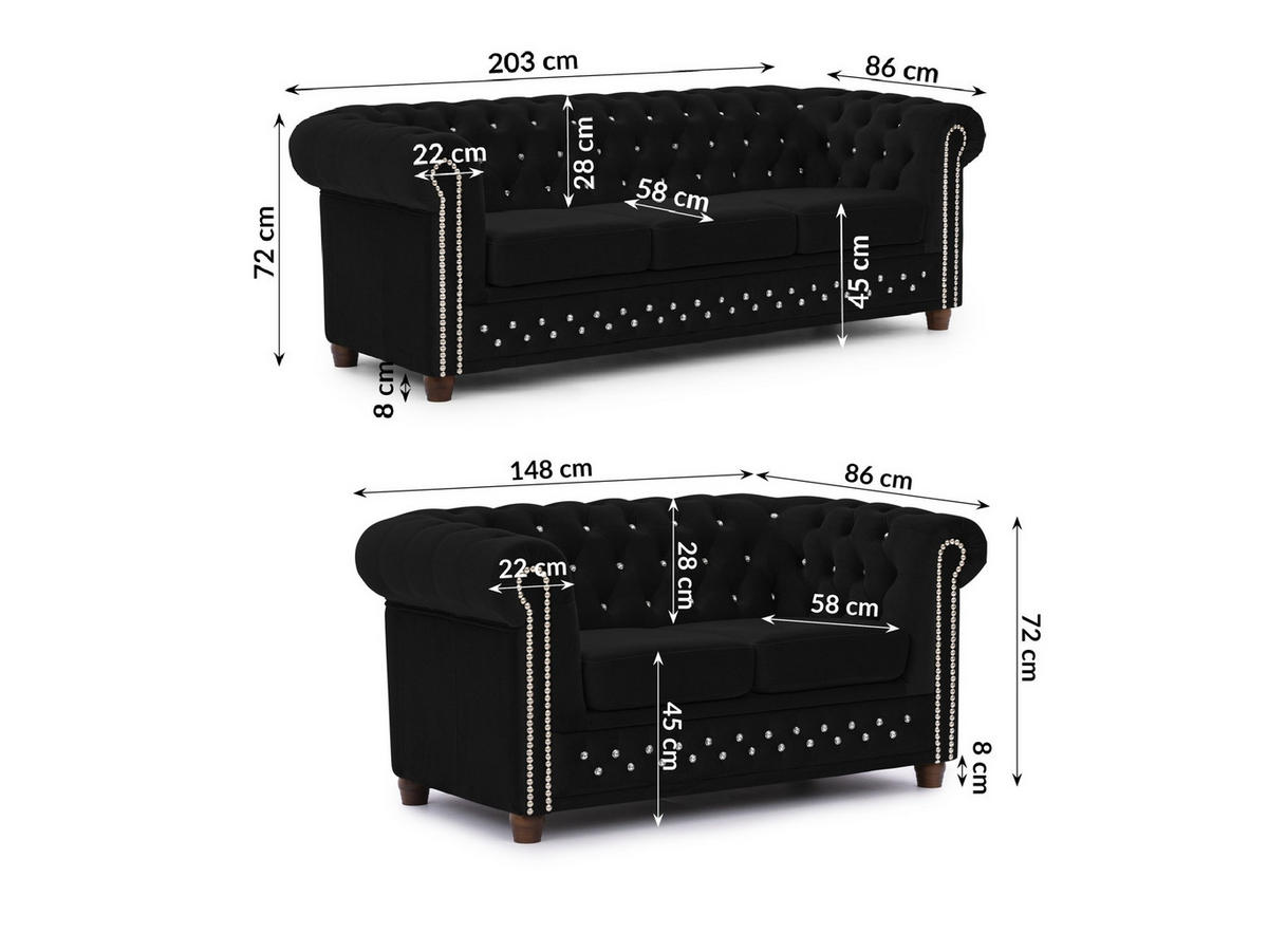 SITZGARNITUR 3+2 Chesterfield Cleo Blink Schwarz Samt mit Kristallsteppung und braunen Massivholzfüßen - Schwarz/Braun, Holz/Textil (203/72/86cm) - S-Style Möbel