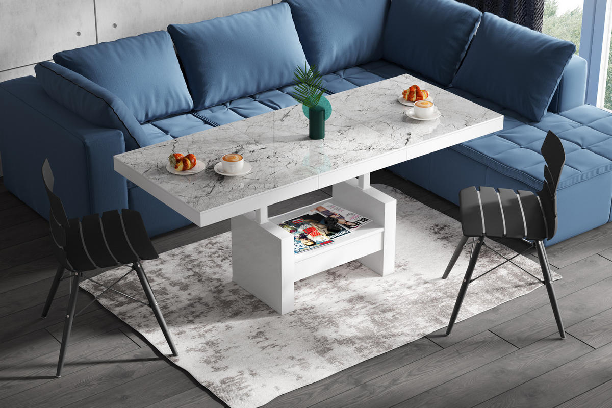 COUCHTISCH rechteckig Marmoroptik Weiß Hochglanz Höhenverstellbar ausziehbar 12/75/55 cm - Weiß Hochglanz/Creme, Holzwerkstoff (75/120/55cm)