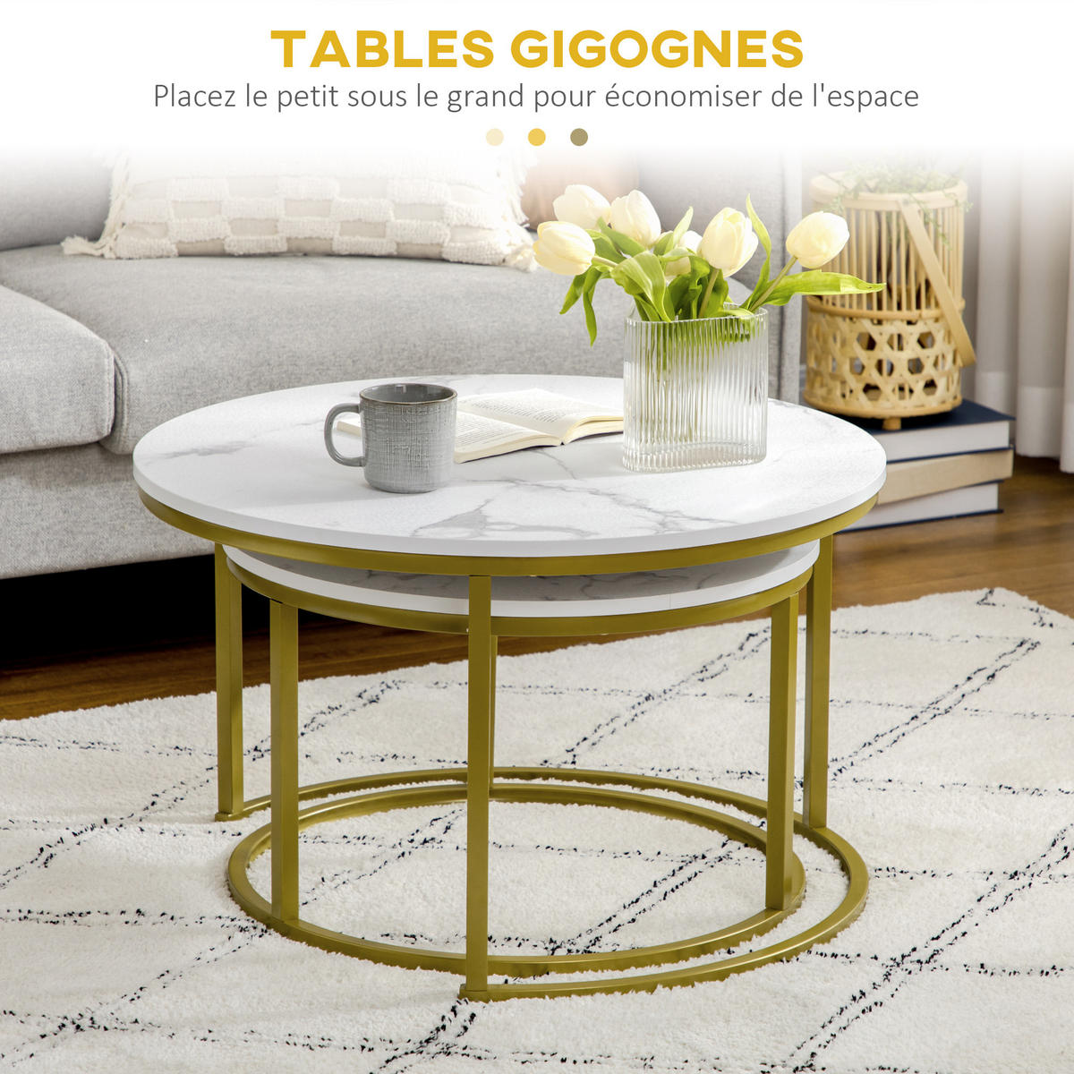 COUCHTISCH-SET Weiß Gold 2er-Set - Weiß, Holzwerkstoff (74/74/46.3cm) - PANGIVO