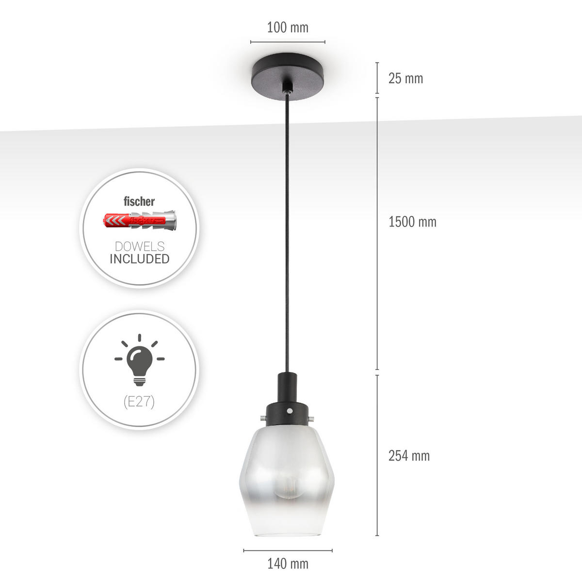 PENDELLEUCHTE Dora - Schwarz, Metall (14/14/25.4cm) - Paco Home