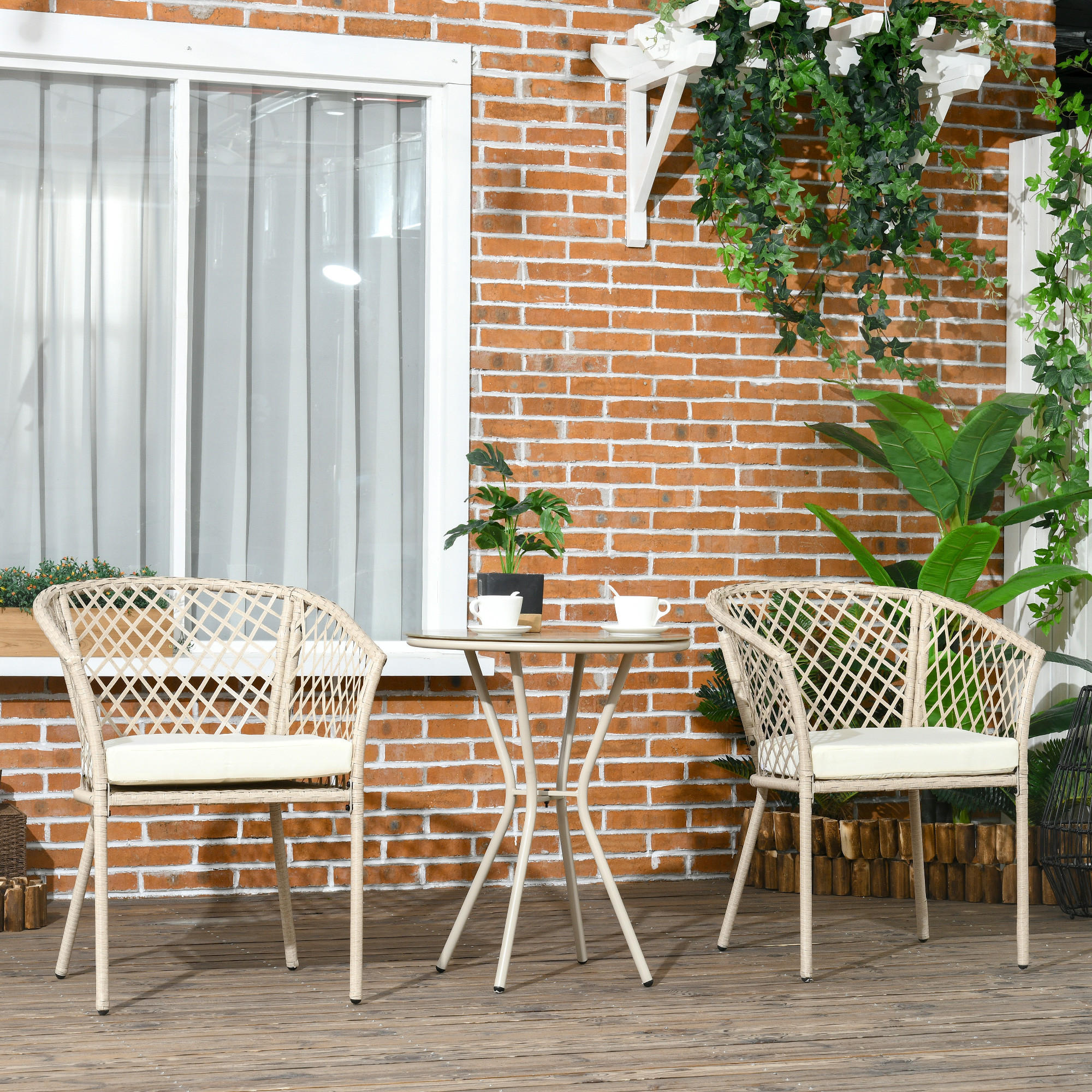 GARTENMÖBEL-SET 3-tlg. mit Kissen, Gartensitzgruppe für Balkon, Terrasse, Khaki - Naturfarben, Kunststoff - Outsunny