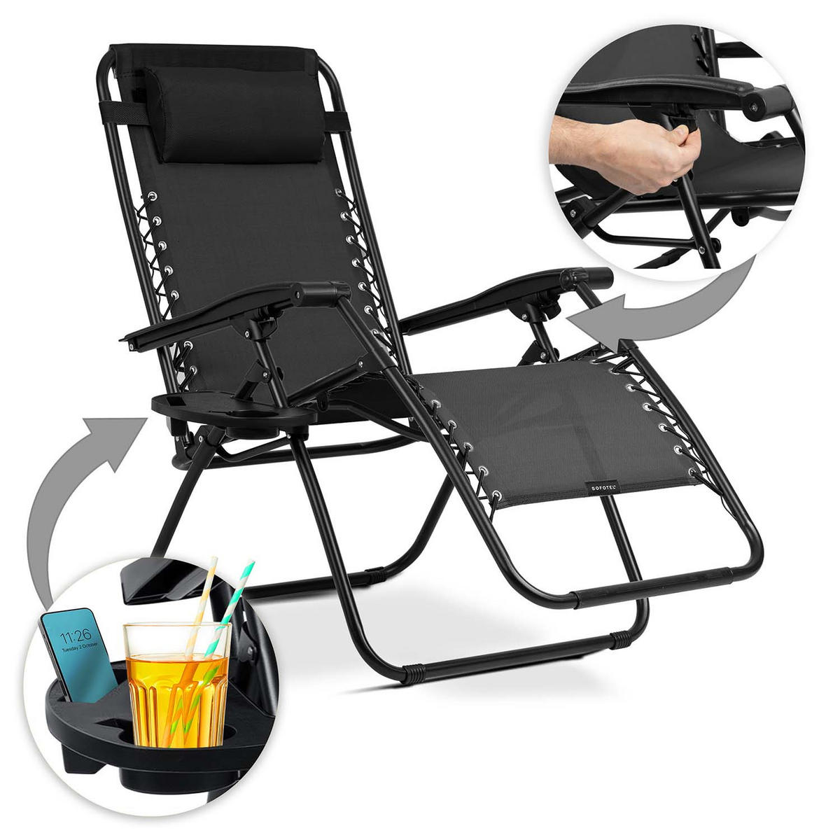 GARTEN-RELAXSESSEL Klappbarer mit Kissen, Schwarz - Schwarz, Metall (60/102/110cm)
