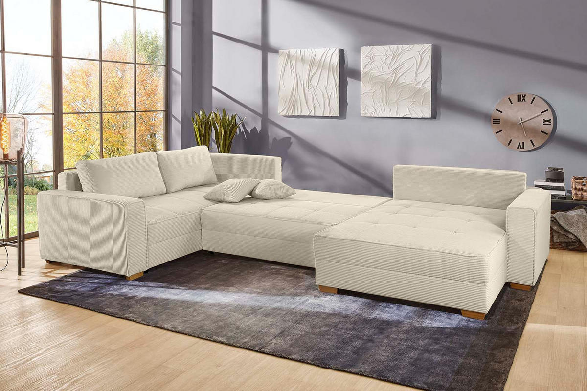 WOHNLANDSCHAFT Schlaffunktion Bettkasten Wellenunterfederung, spiegelverkehrt montierbar U-Form B379/T227/H86 cm, Cord Beige Grau / 15200 - Greige/Eichefarben, Holz/Textil (379/86/227cm) - luma-home