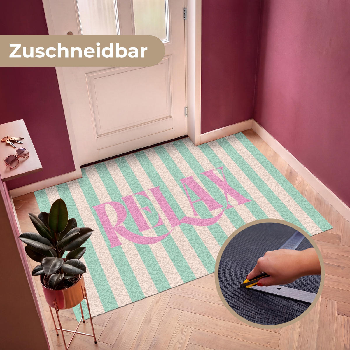 FUSSMATTE Rosa – Grün – Streifen – Entspannung 180x120 cm - Mintgrün, Kunststoff (180/0.4cm) - MuchoWow
