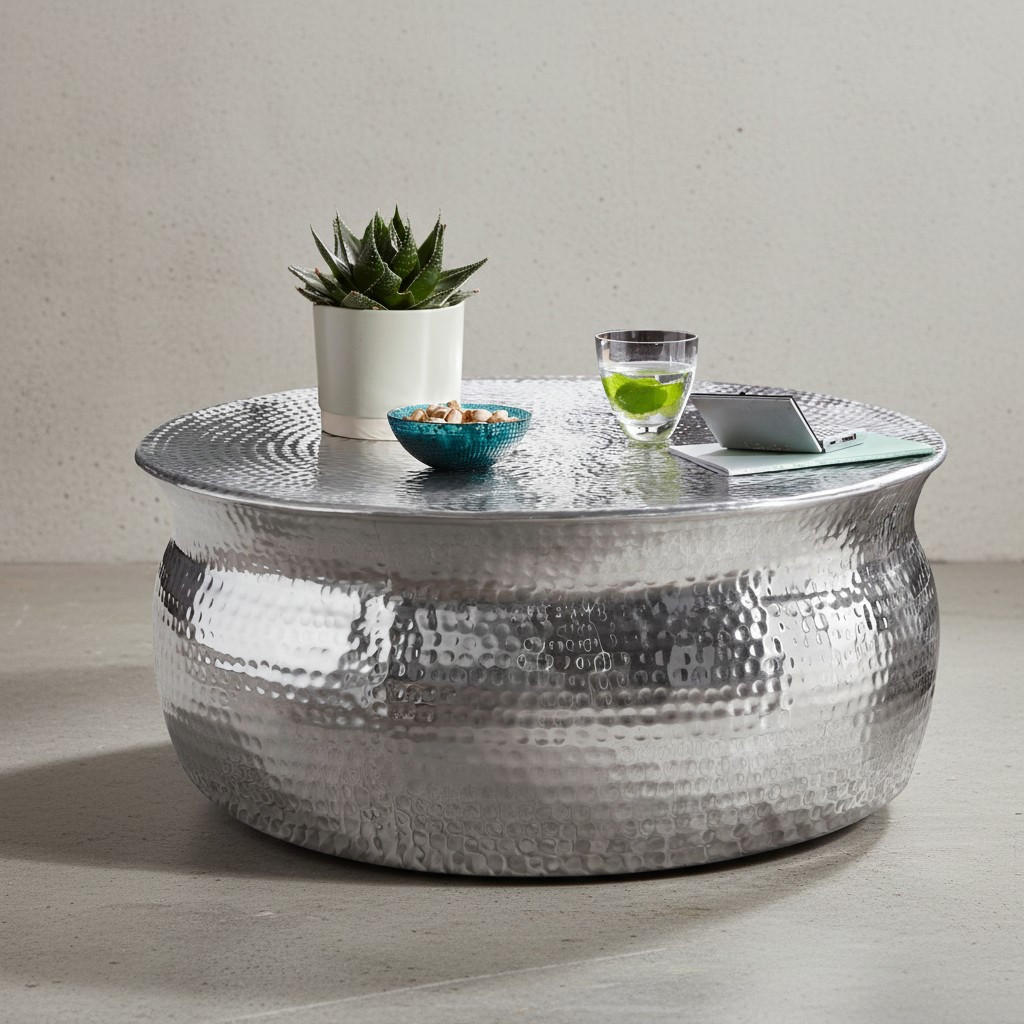 COUCHTISCH Orient Handgefertigt Hammerschlag-Aluminium Großzügige Ablagefläche, Silber 75x75x31 cm - Silberfarben, Metall (75/75/31cm) - KADIMA DESIGN
