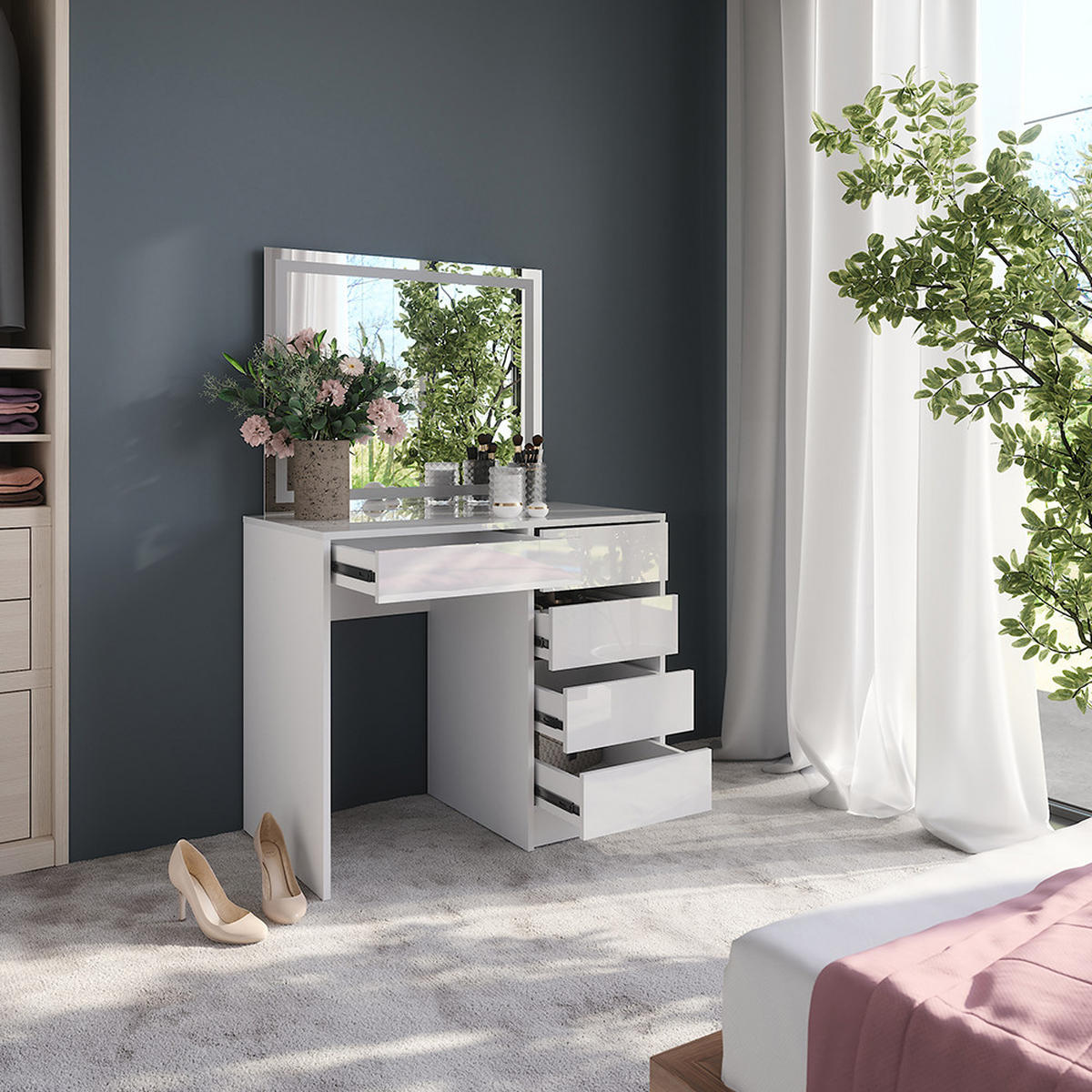 SCHMINKTISCH Sherry Weiß/Weiß Hochglanz 89.8 cm mit LED-Spiegel - Weiß Hochglanz, Holzwerkstoff (89.8/76/50.1cm) - Vicco