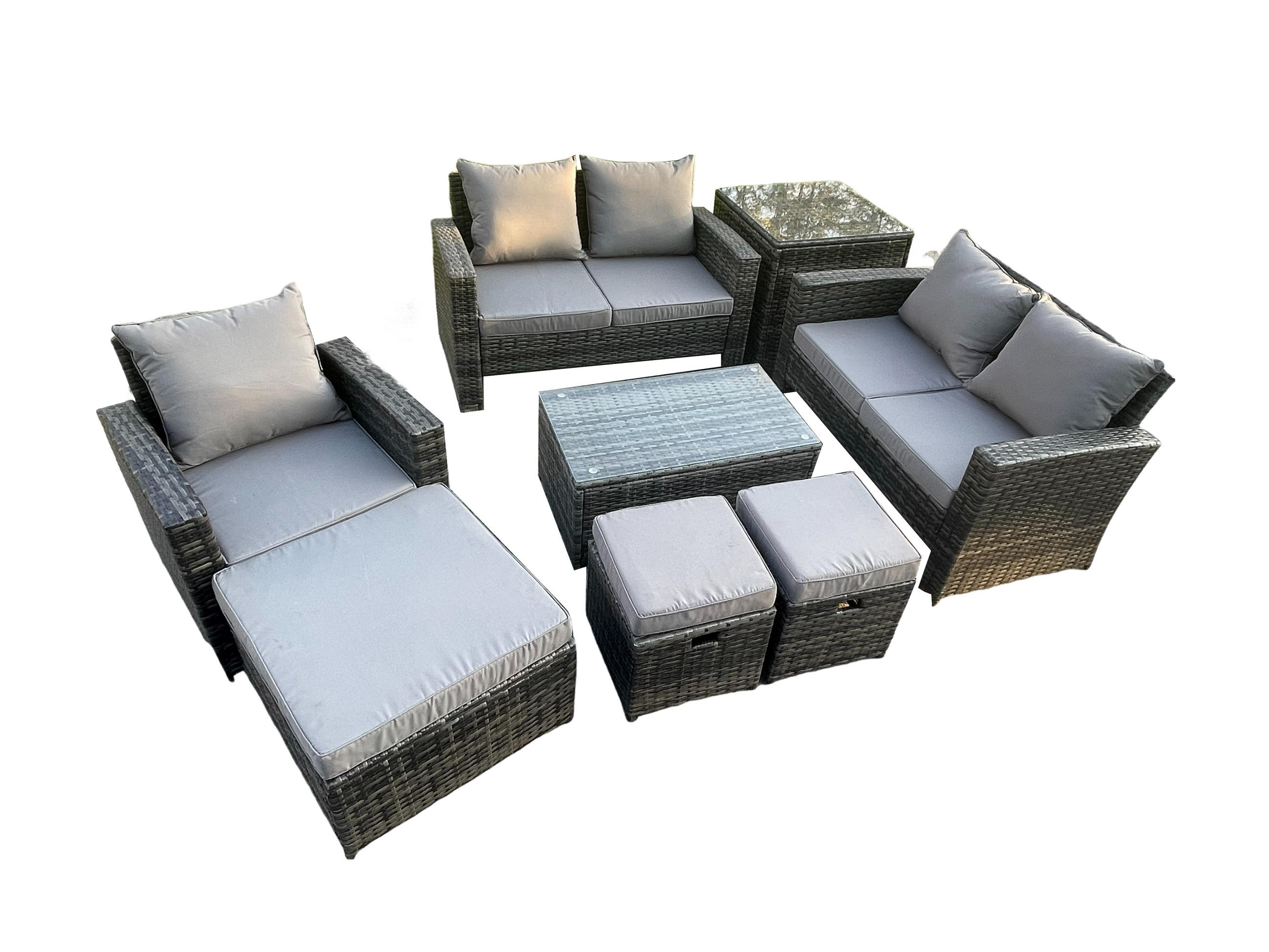 GARTENSOFA SET mit Couchtisch Polyrattan Dunkelgrau 8-Sitzer - Dunkelgrau, Metall - Fimous