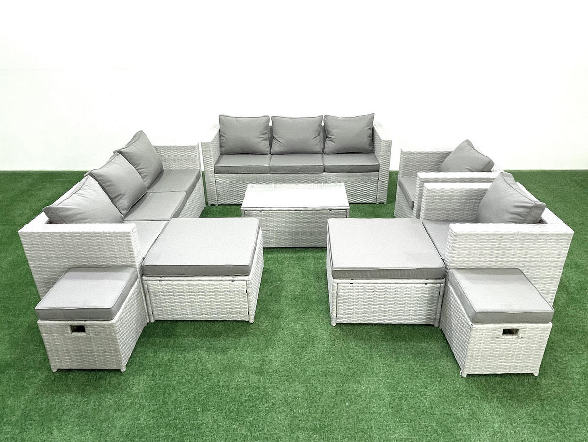 GARTENSET mit 3-SITZER SOFA,COUCHTISCH Polyrattan Hellgrau-Mix 12-Sitzer - Hellgrau/Grau, Glas/Kunststoff - Fimous