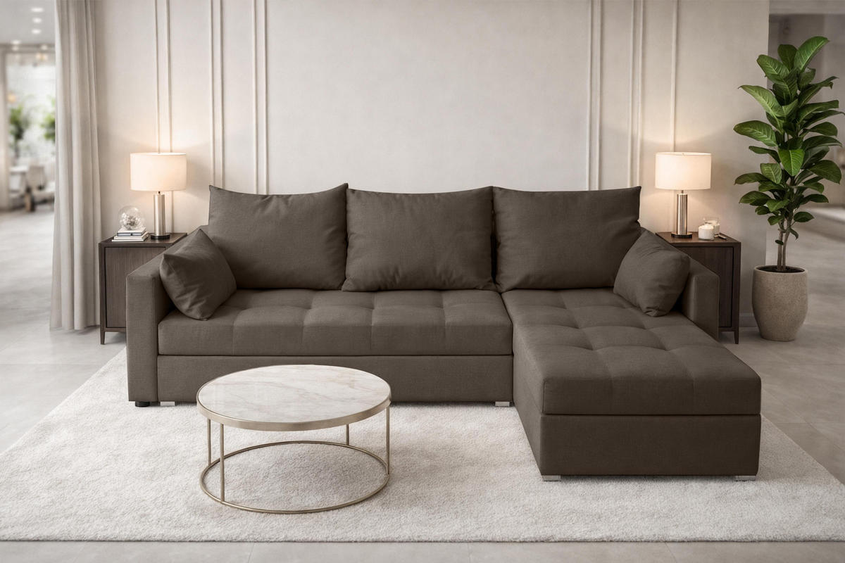 ECKSOFA Universelle L Form Elif Braun 220/140/85 cm stilvolle mit Schlaffunktion - Silberfarben/Braun, Kunststoff/Textil (220/140cm) - AX Living