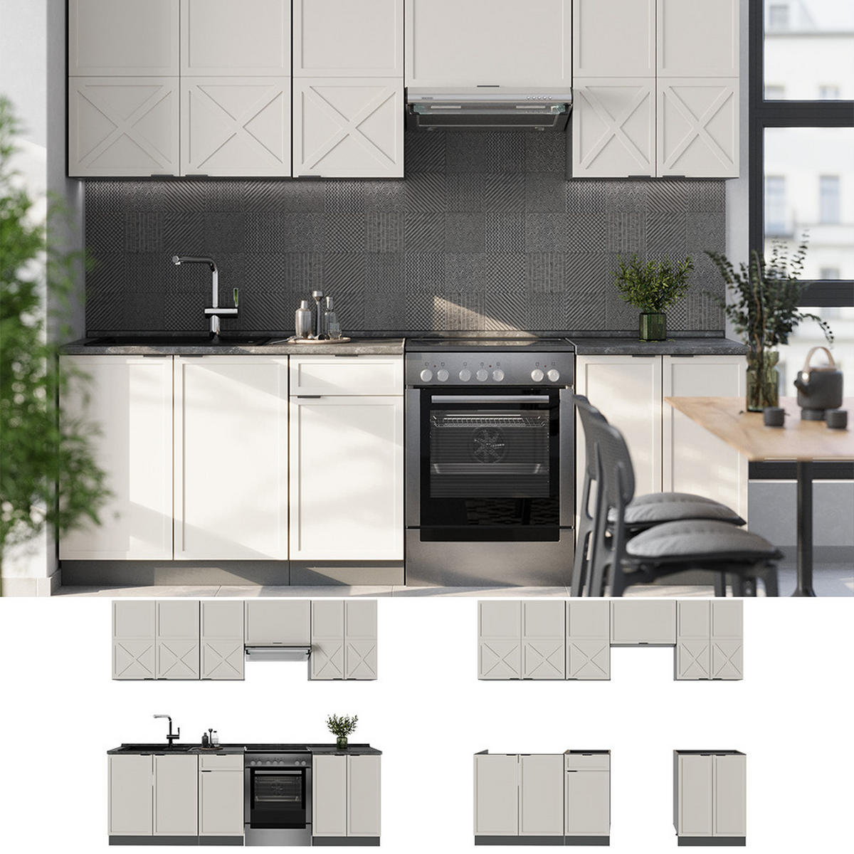 KÜCHENZEILE Fame-Line GrauBeige/Anthrazit 240 cm ohne AP - Anthrazit/Grau, Holzwerkstoff (240/81.6/46cm) - Vicco