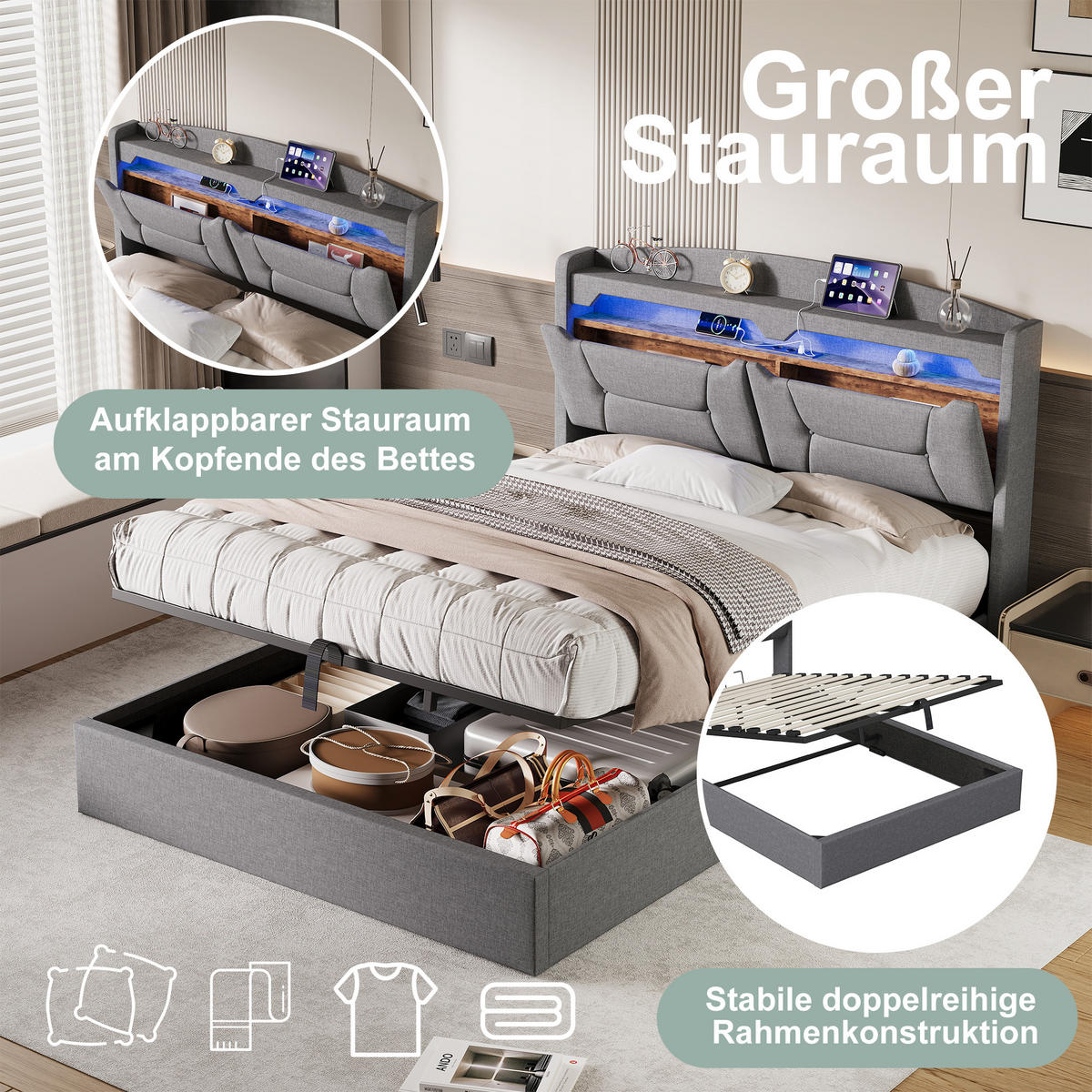 POLSTERBETT 140x190 cm Grau mit Stauraum, hydraulischem Bettkasten, LED Beleuchtung, Kopfteil mit Ablage und Steckdosen - Grau, Metall (140/190cm) - EuroLiving
