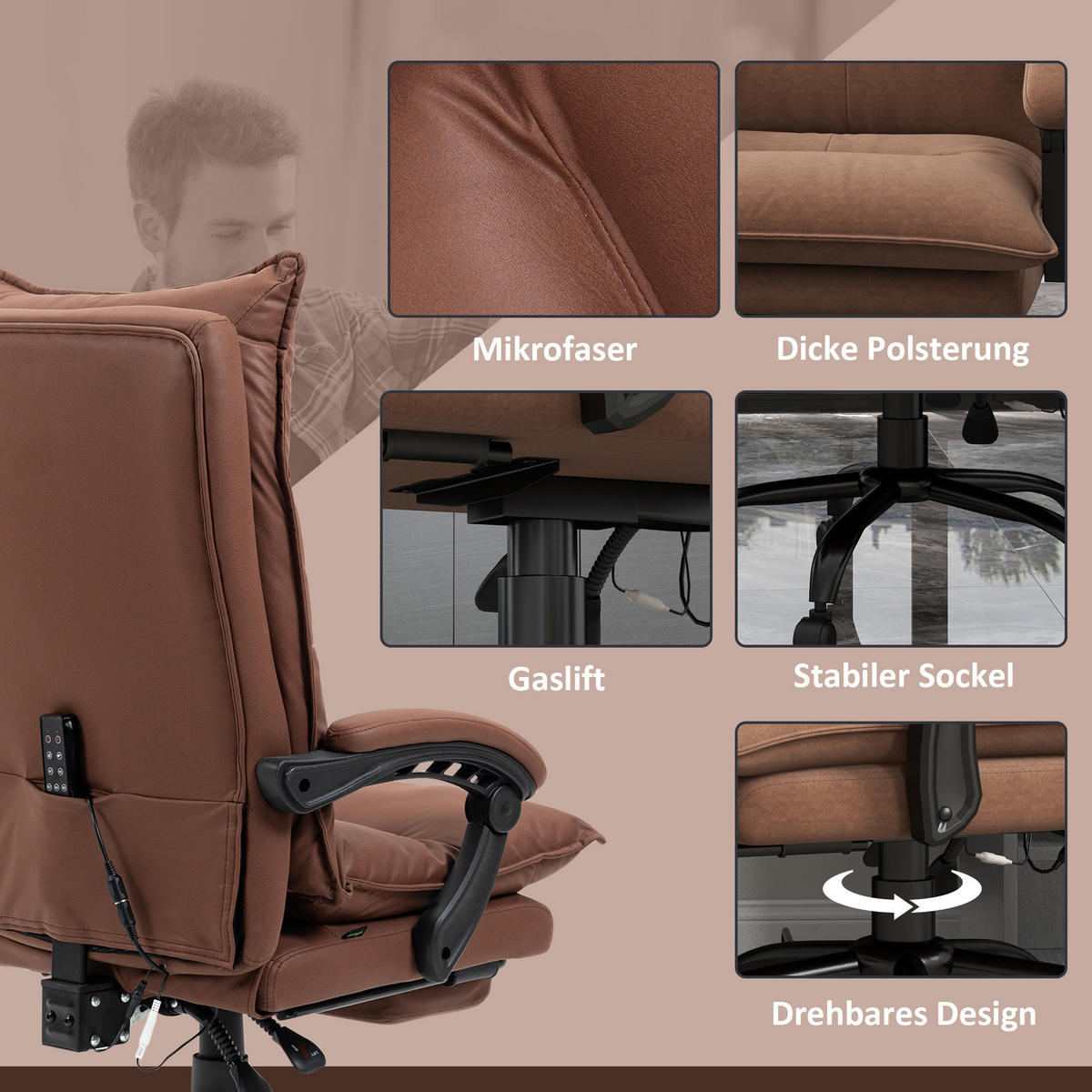 MASSAGE-BÜROSTUHL, Mikrofaser, Braun - Braun, Kunststoff (74/121.5/66cm) - Vinsetto