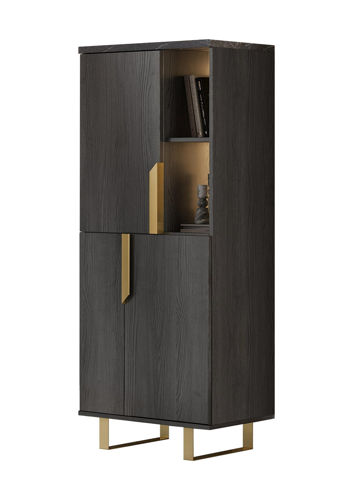 WOHNWAND ORION in Rosenholzoptik mit Marmoroptik 3-tlg. - Goldfarben/Schwarz, Holzwerkstoff/Metall (285/181/49cm) - Interdesign24