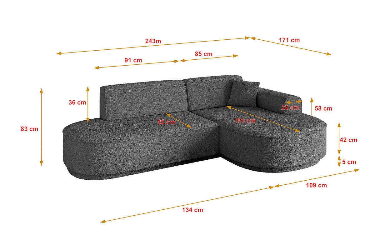 ECKSOFA Ottomane Rechts MARI-L1-v3 - 243x171x83 cm Grau Bouclé - Schwarz/Grau, Holzwerkstoff/Kunststoff (171/243cm) - ALTDECOR