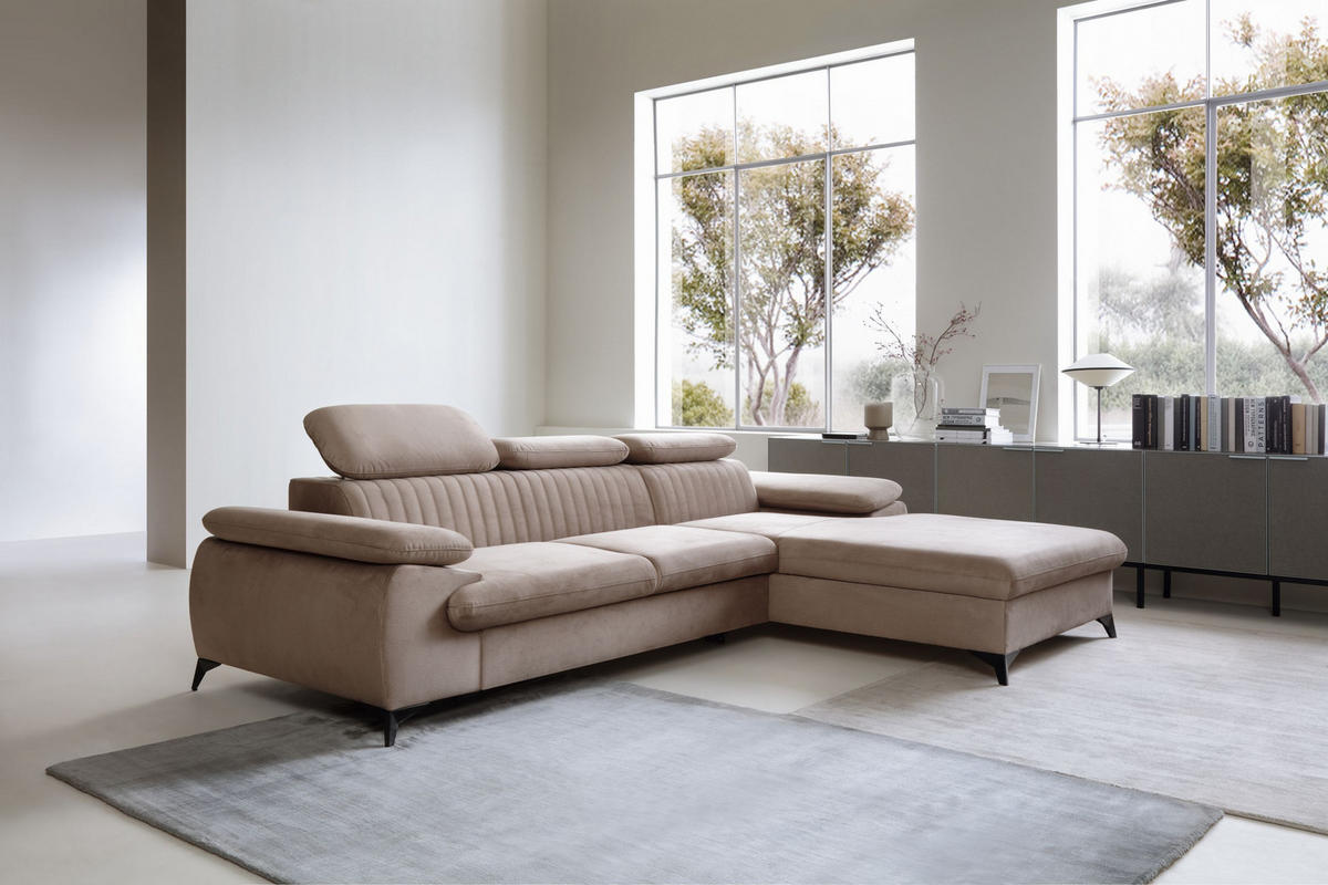 ECKSOFA FIORE Braun Velours-Stoff mit Schlaffunktion - Braun, Holz (280/193cm) - MASSENO