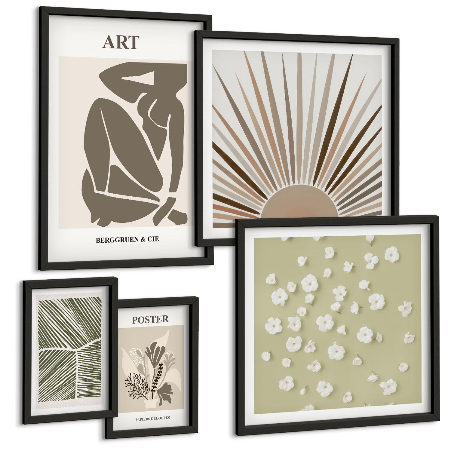 BILDER SET 5er Set - 50x50 cm & 20x30 cm & 40x60 cm Schwarzer Rahmen - Pflanzenmotive in gedeckten Farben - Schwarz, Kunststoff (40/60cm) - TULUP