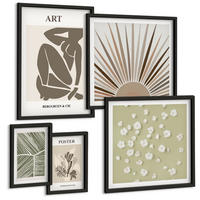 BILDER SET 5er Set - 50x50 cm & 20x30 cm & 40x60 cm Schwarzer Rahmen - Pflanzenmotive in gedeckten Farben - Schwarz, Kunststoff (40/60cm) - TULUP