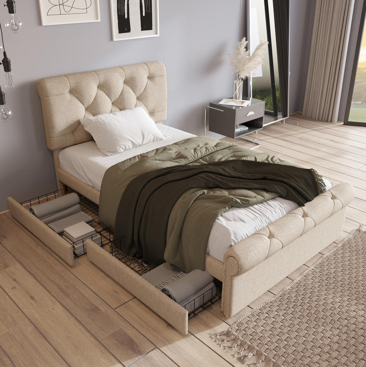BETT mit 2 Schubladen 90x200 cm höhenverstellbares Kopfteil Natur - Beige, Holz (90/200cm) - Meubliv