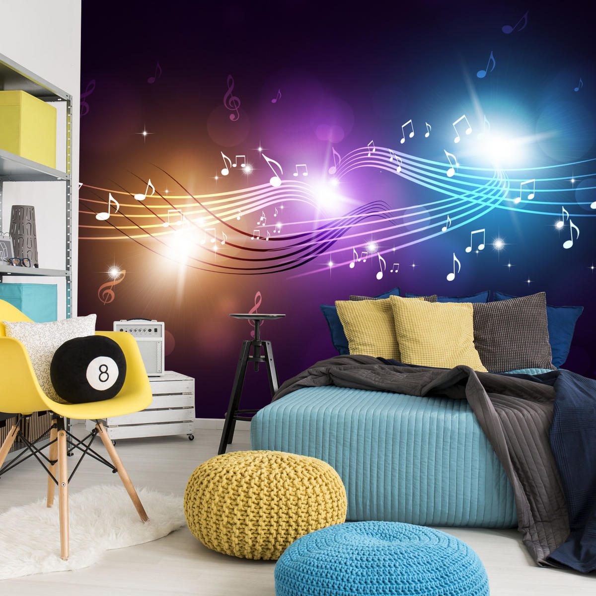 FOTOTAPETE für Jugendzimmer Noten Buntes Hintergrund Musik 500x350 - Blau/Gelb, Papier (500/350cm) - Muralo
