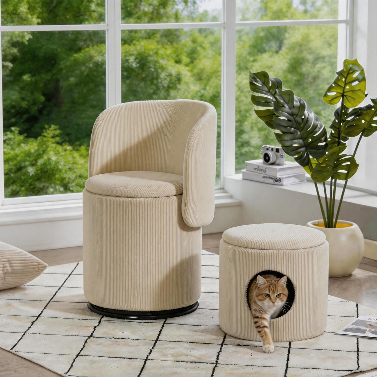 SESSEL Cord Beige drehbar und mit Stauraum - Beige, Holzwerkstoff/Textil (48/75/52cm) - WISHDOR