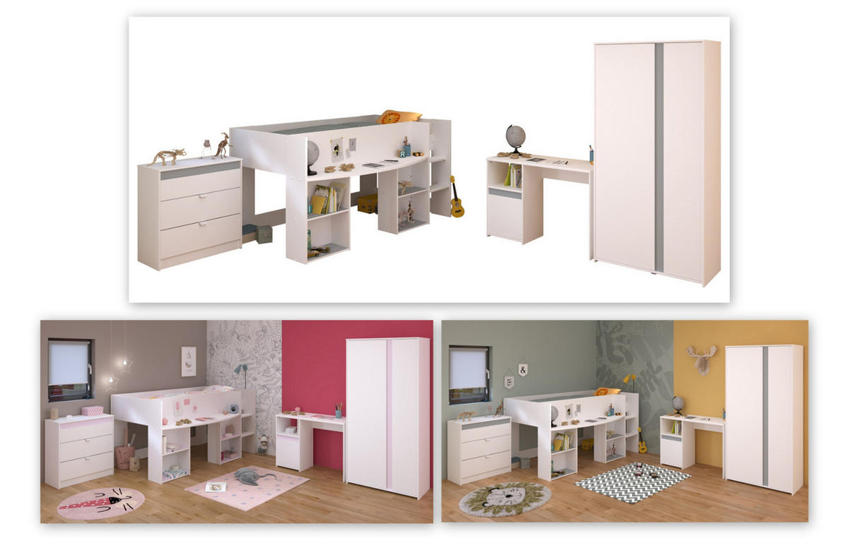 KINDERZIMMER Set 4-teilig, Hochbett 90x200 Kommode Schreibtisch und Kleiderschrank - Weiß, Holzwerkstoff (203/182/132cm) - Parisot Meuble