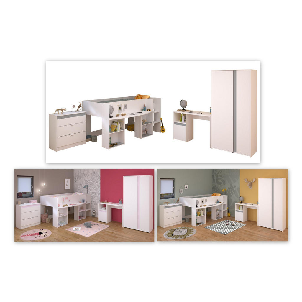 Thumbnail - Parisot Meuble Kinderzimmer, Weiß, Holzwerkstoff, Uni, 6 Fächer, 3 Schubladen, Rechteckig,Rechteckig, 203x182x132 cm, Ki...