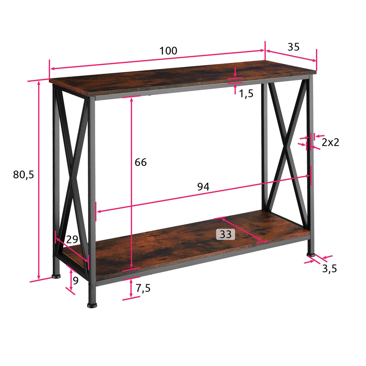 KONSOLENTISCH Tacoma,100 x 35 x 80,5 cm,Industrial Holz dunkel, rustikal - Rostfarben, Holzwerkstoff (100/35/80.5cm) - tectake