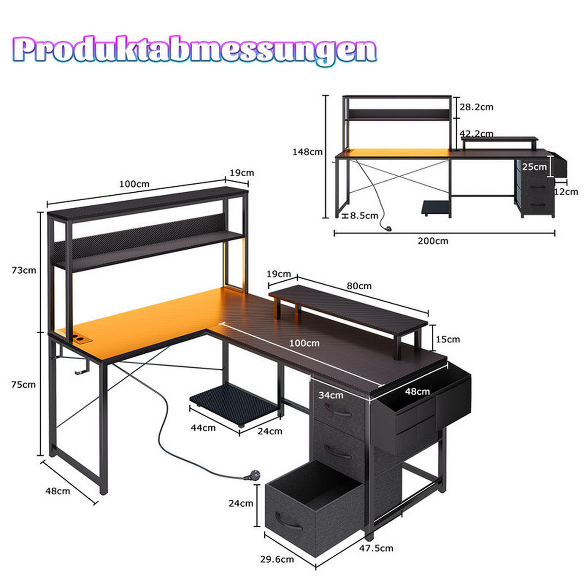 GAMINGTISCH L-förmig mit LED, 148 x 100 x 75 cm, großer Eck-Computertisch mit Stauraum, mit Monitorständer, 2 Steckdosen und USB, 3 Schubladen - Schwarz, Metall (150/48/75cm)
