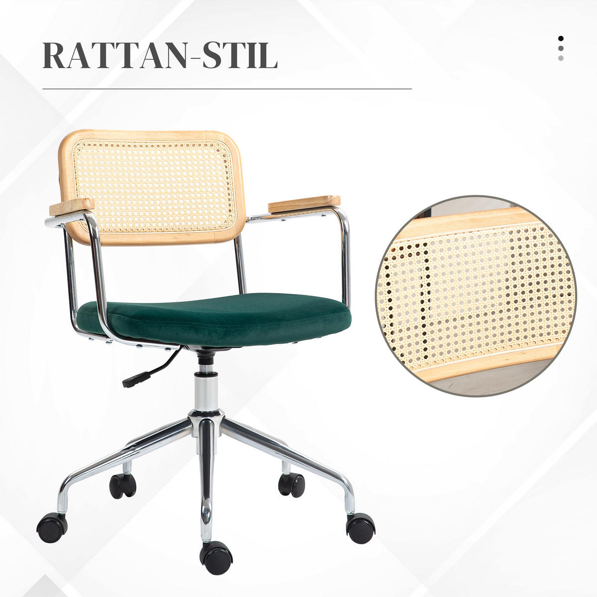 BÜROSTUHL, Schreibtischstuhl mit Rattanoptik, Wippfunktion für Home Office, Grün - Grün, Kunststoff (57/94/60cm) - HOMCOM