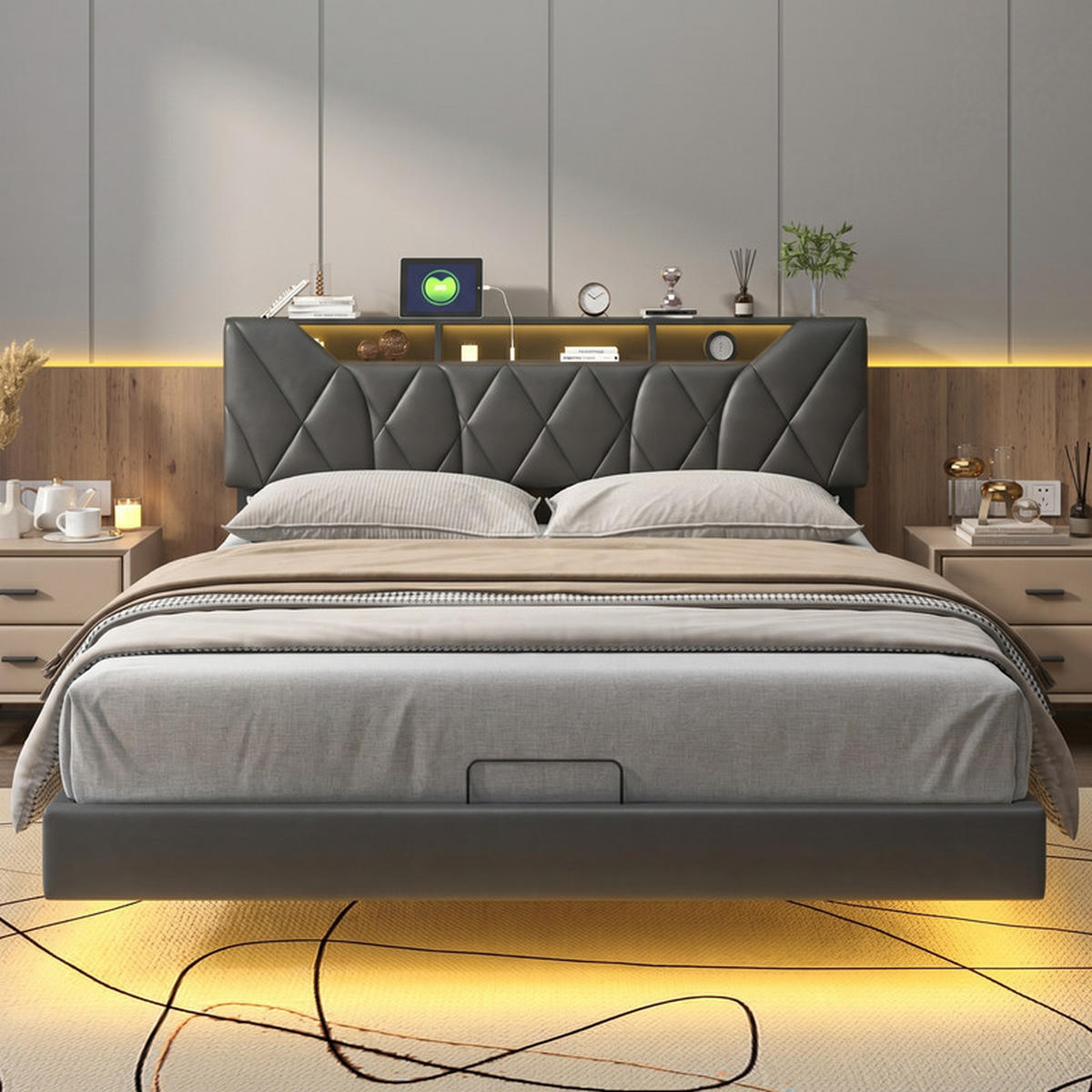 POLSTERBETT 160/200 cm schwarz mit Stauraum, LED und USB - Schwarz, Holz - SHOPENTRA