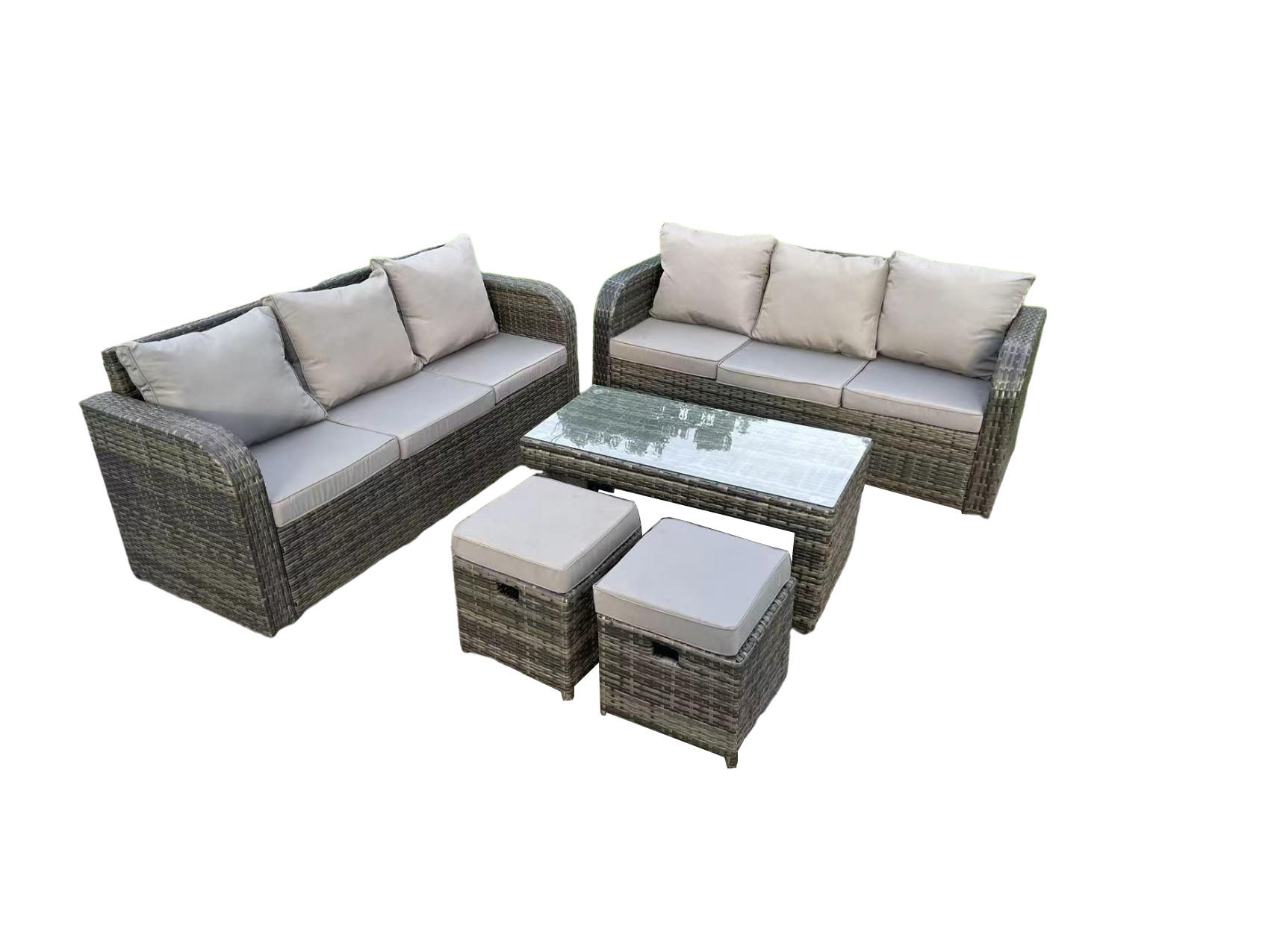 GARTENSOFA SET Polyrattan 8-Sitzer - Dunkelgrau/Grau, Glas/Kunststoff - Fimous