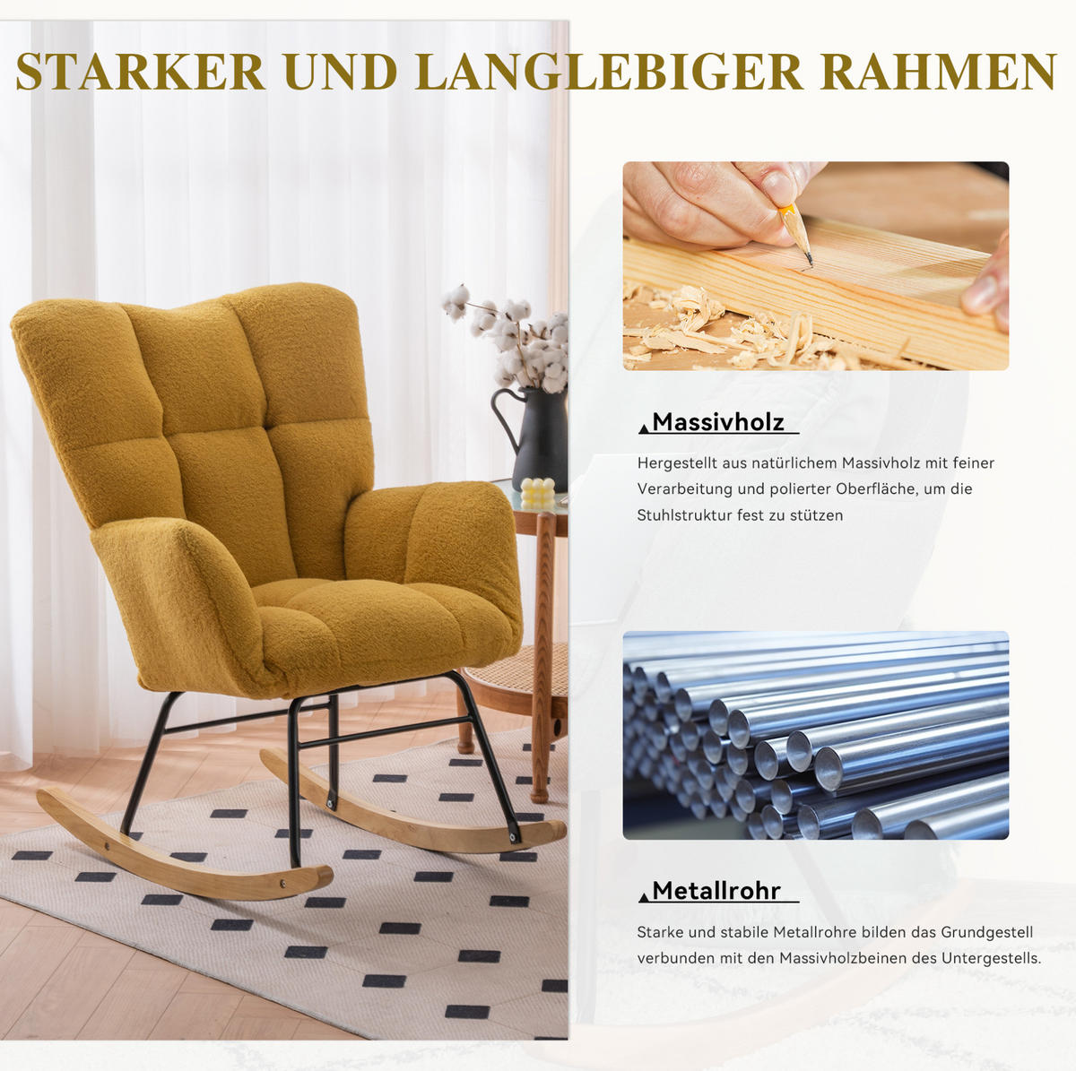 SCHAUKELSTUHL Teddy-Stoff mit hohem Rücken und Filzschutz 80/70/95 cm Gelb - Gelb, Textil (70/95/80cm) - Redom