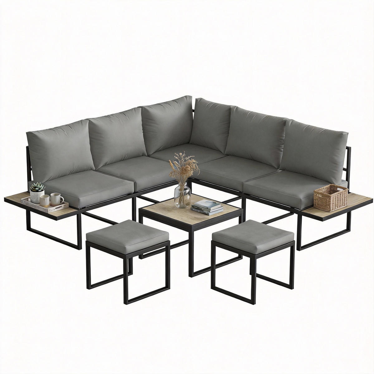 GARTENLOUNGE-SET DE-13523 6-sitzig mit Seitentischen Grau - Dunkelgrau, Metall - ComfortXL