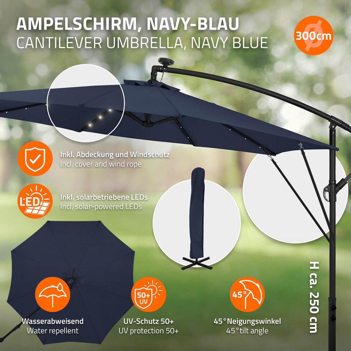 AMPELSCHIRM Ø 300 cm in Navy Blau aus Aluminium mit LED-Solar - Blau, Metall (300/300cm) - ML-DESIGN