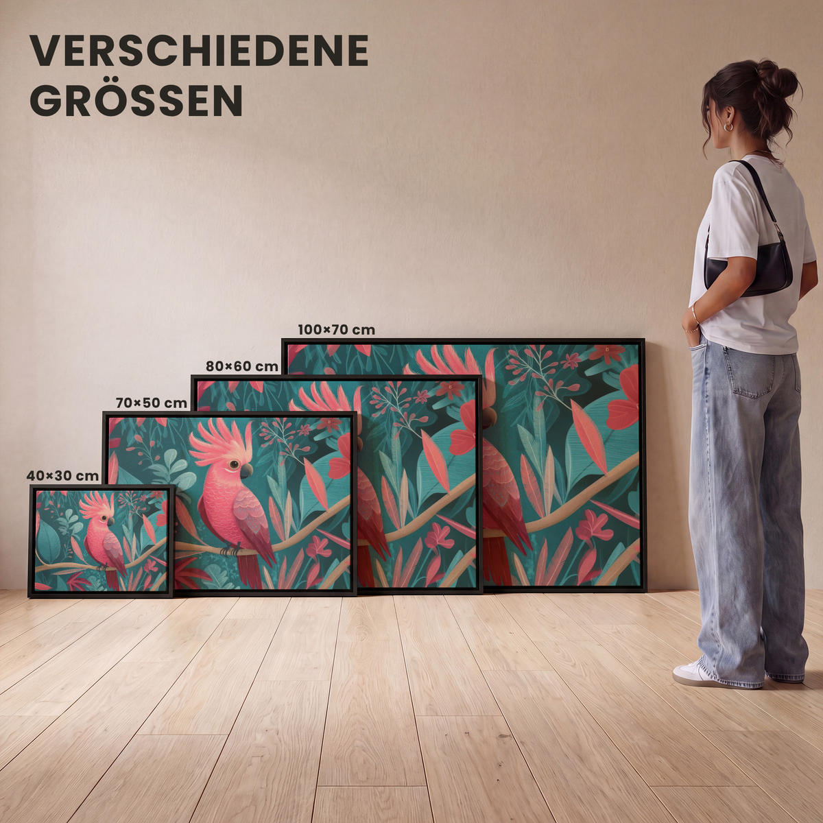 LEINWAND Bilder mit Rahmen - Kakadu - Tropische Blätter - Zweig - 40x30 - Petrol, Textil (40/30cm) - MuchoWow