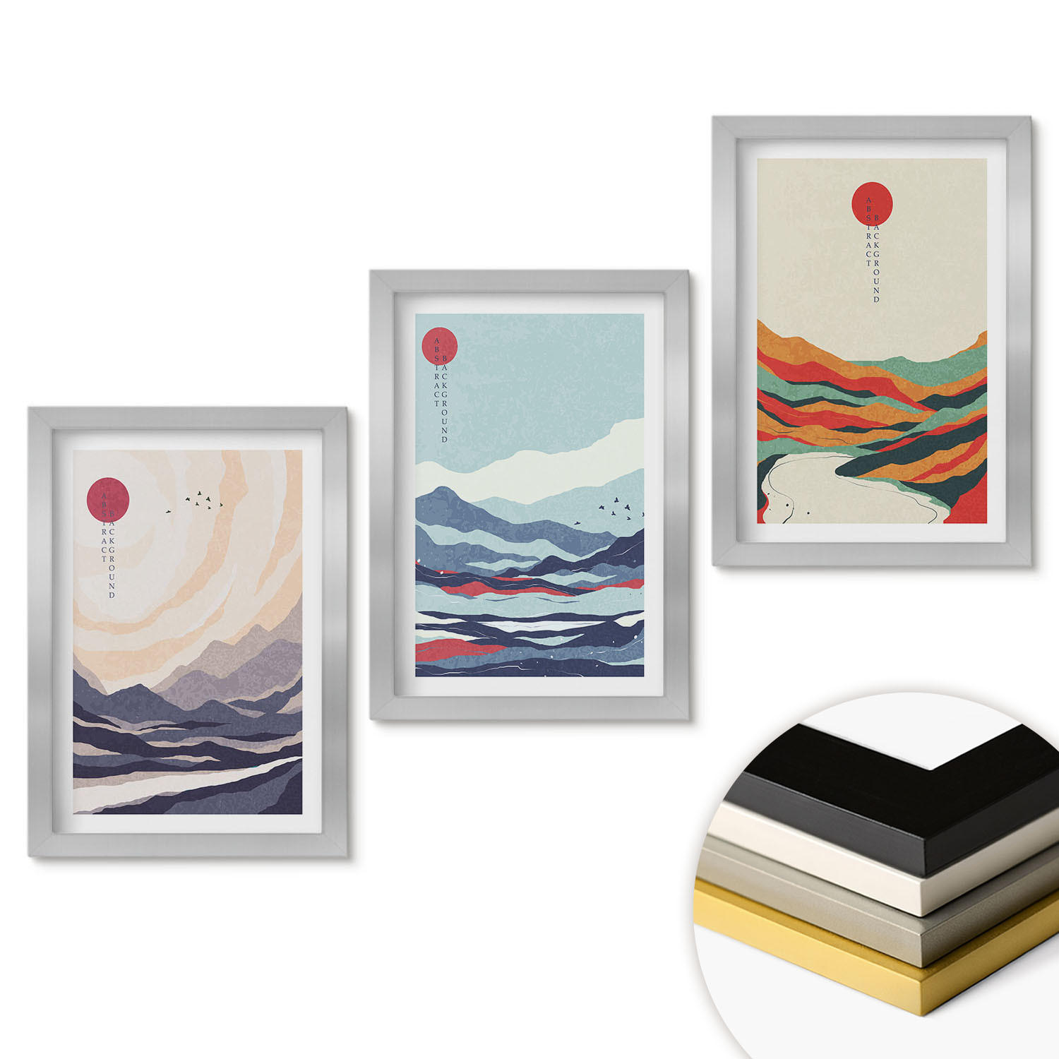 WANDBILDER 3er Set - 20x30 cm Silberner Rahmen - Japanische Bergabstraktionen - Silberfarben, Kunststoff (20/30cm) - ArtPrintCave